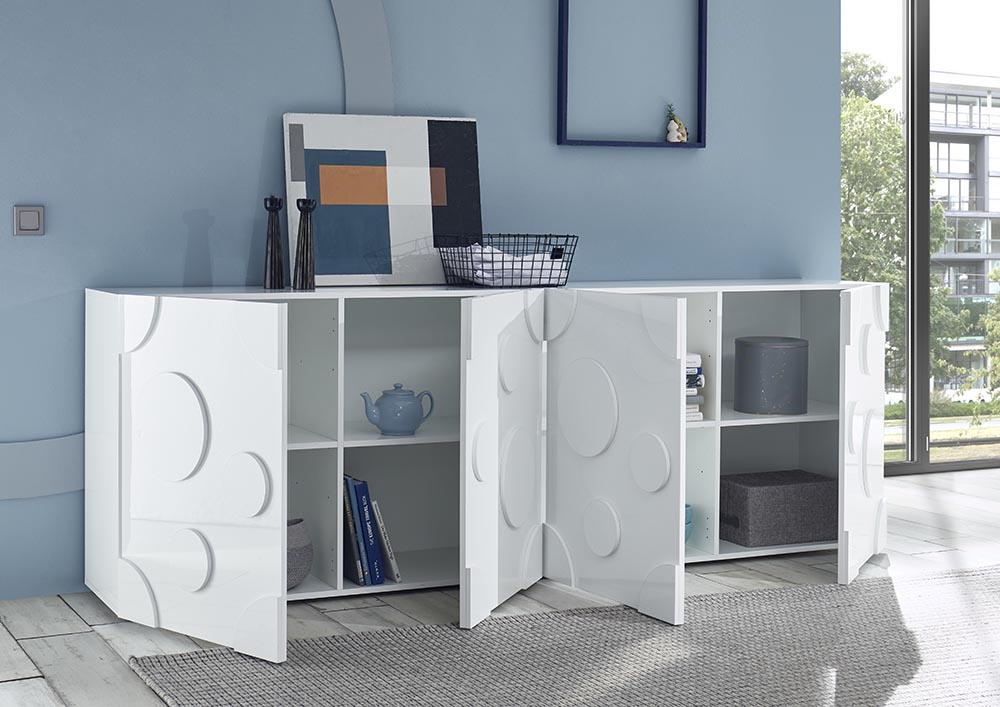 Madia Cerchio a 4 ante, finitura bianco lucido, design moderno