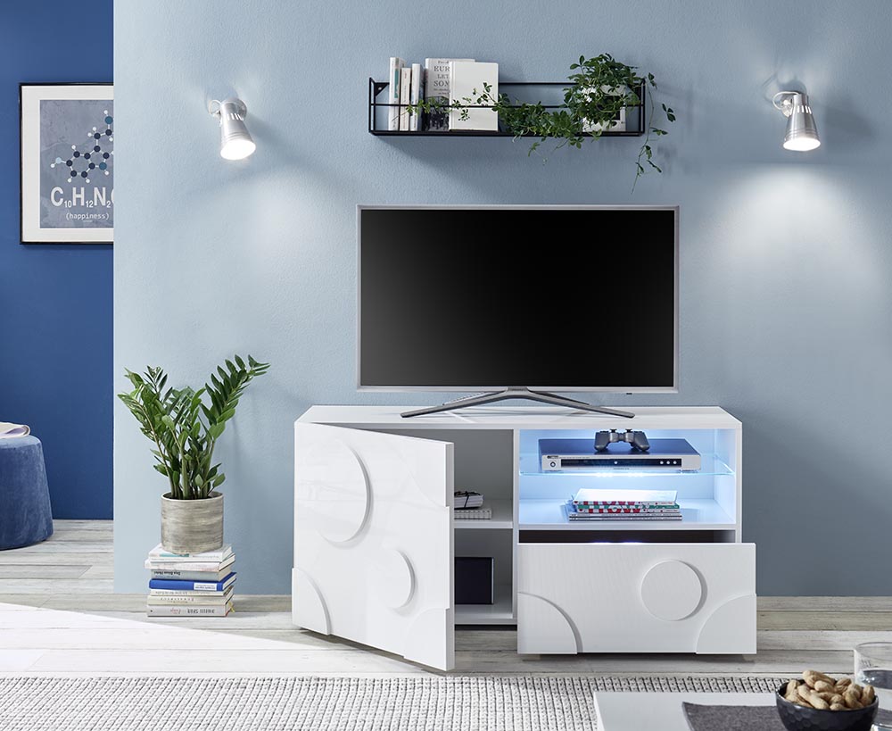 Porta TV cerchio 1 anta 1 cassetto, finitura bianco lucido, design moderno