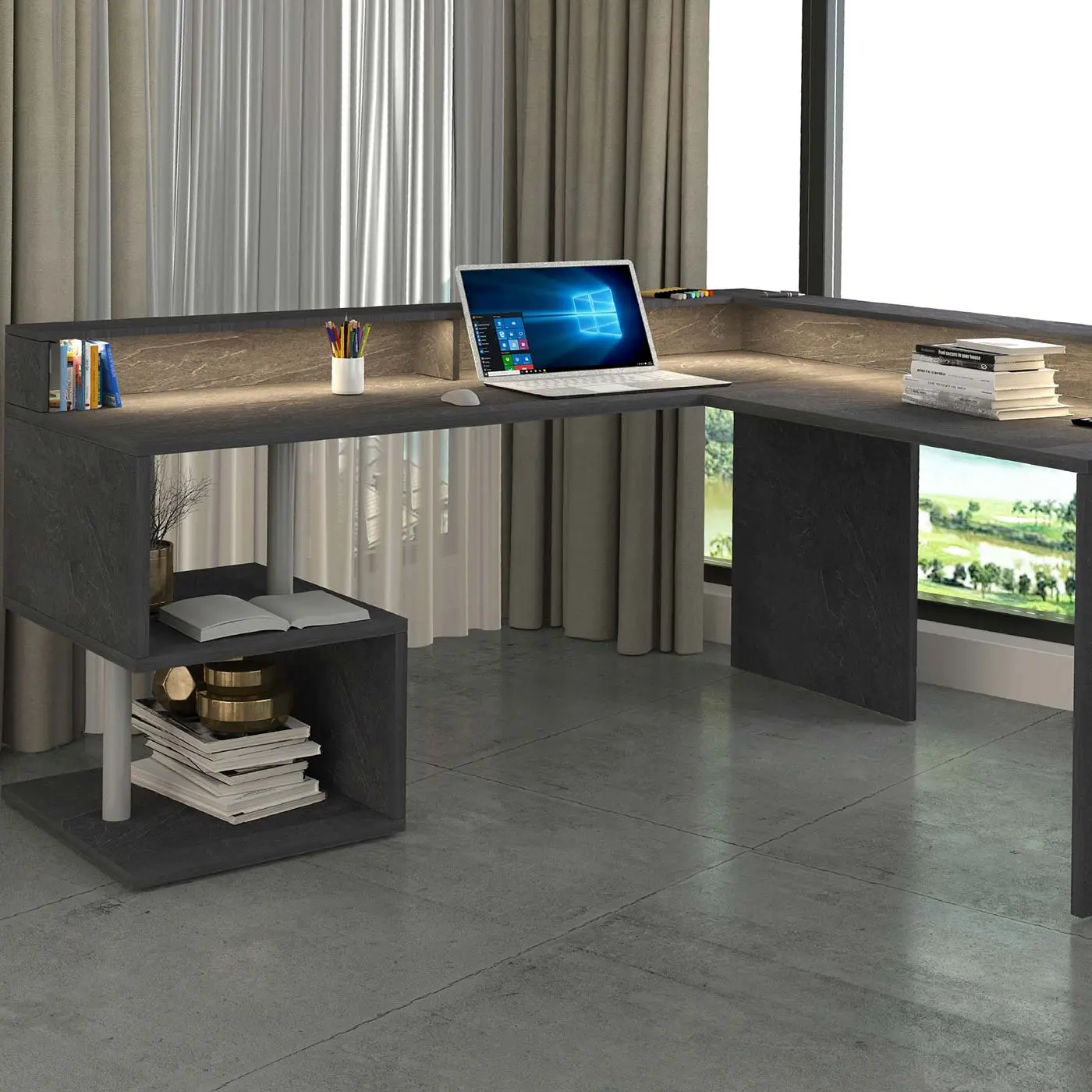 Scrivania angolare 2 vani portaoggetti, 180/160x90x60 h cm, Antracite