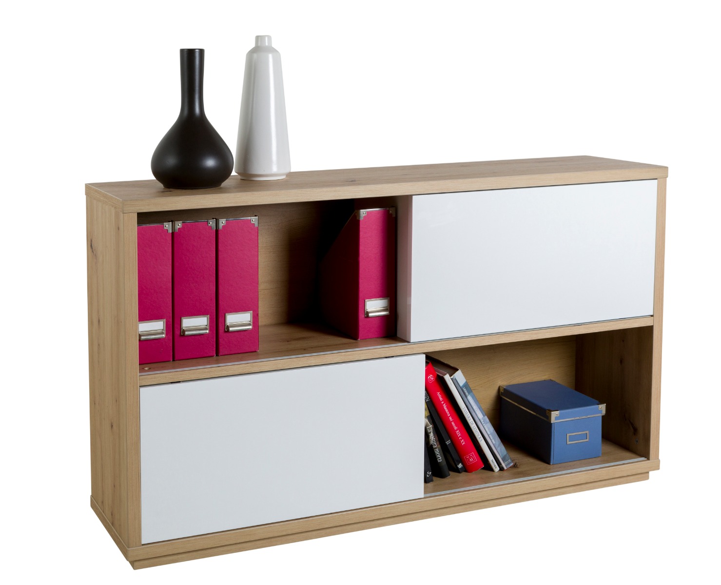 Madia moderna da ufficio 2 ante scorrevoli, finitura Rovere e Bianco laccato