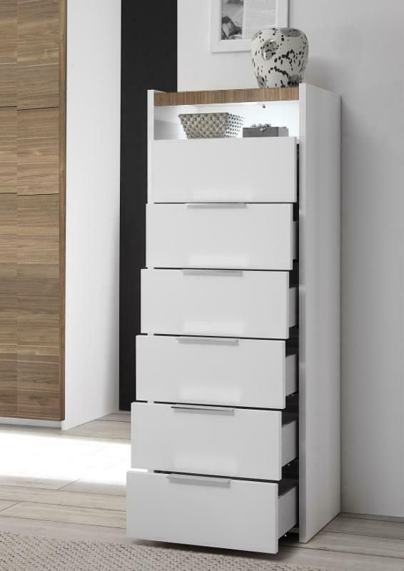 Conveniente Settimino moderno con 6 cassetti e vano a giorno, Bianco Opaco e Noce Stelvio