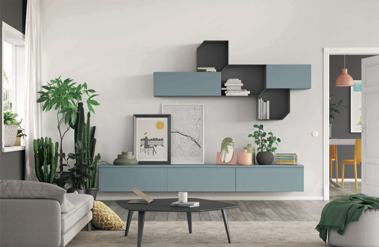 Parete attrezzata moderna in finitura Grigio titanio e Rovere gesso