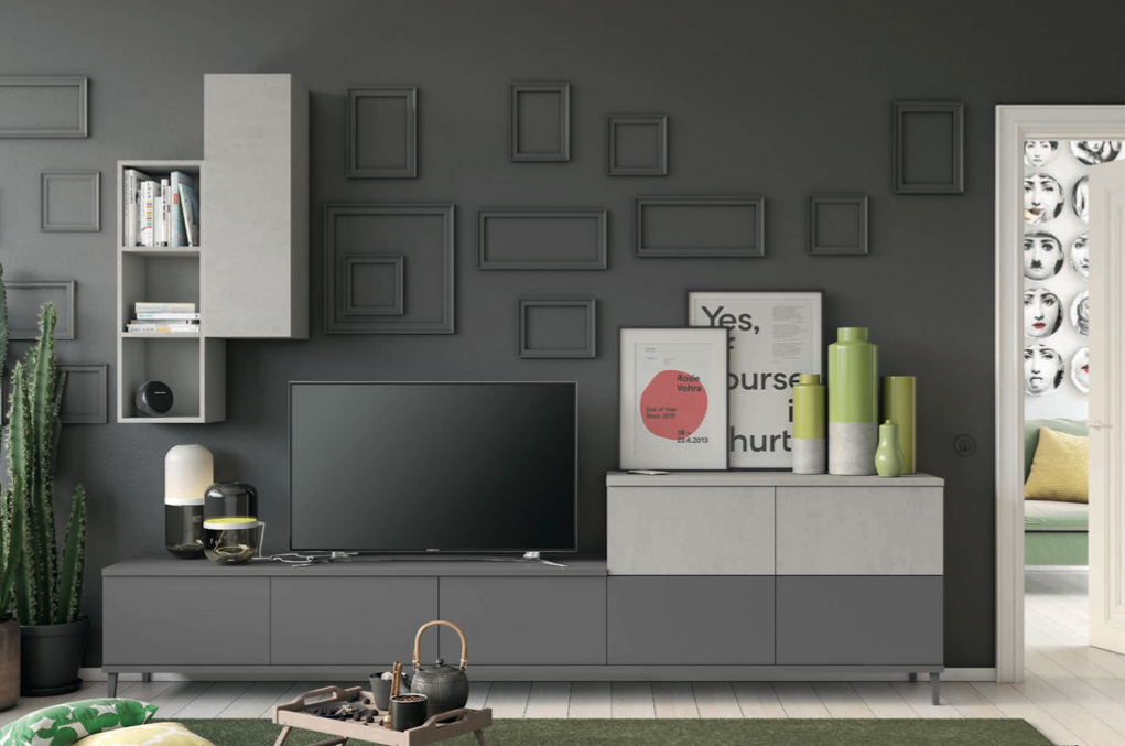 Mobili soggiorni moderni, parete attrezzata con base tv 