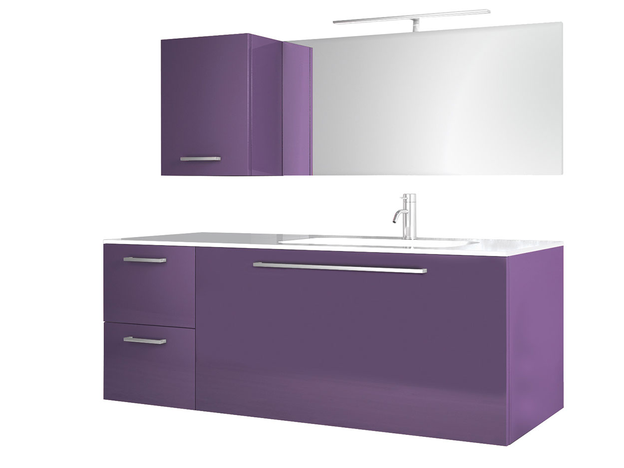 Composizione da Bagno con 3 cassetti soft-close e pensile reversibile, Viola Lucido