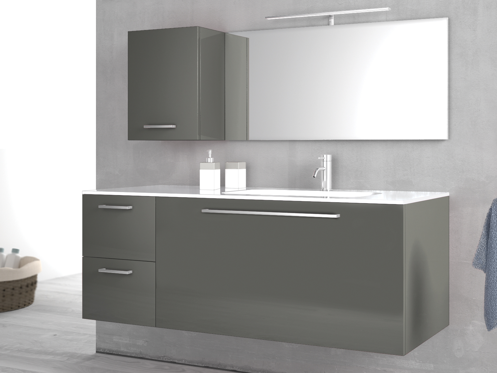 Composizione da Bagno con 3 cassetti soft-close e pensile reversibile, Grigio Lucido