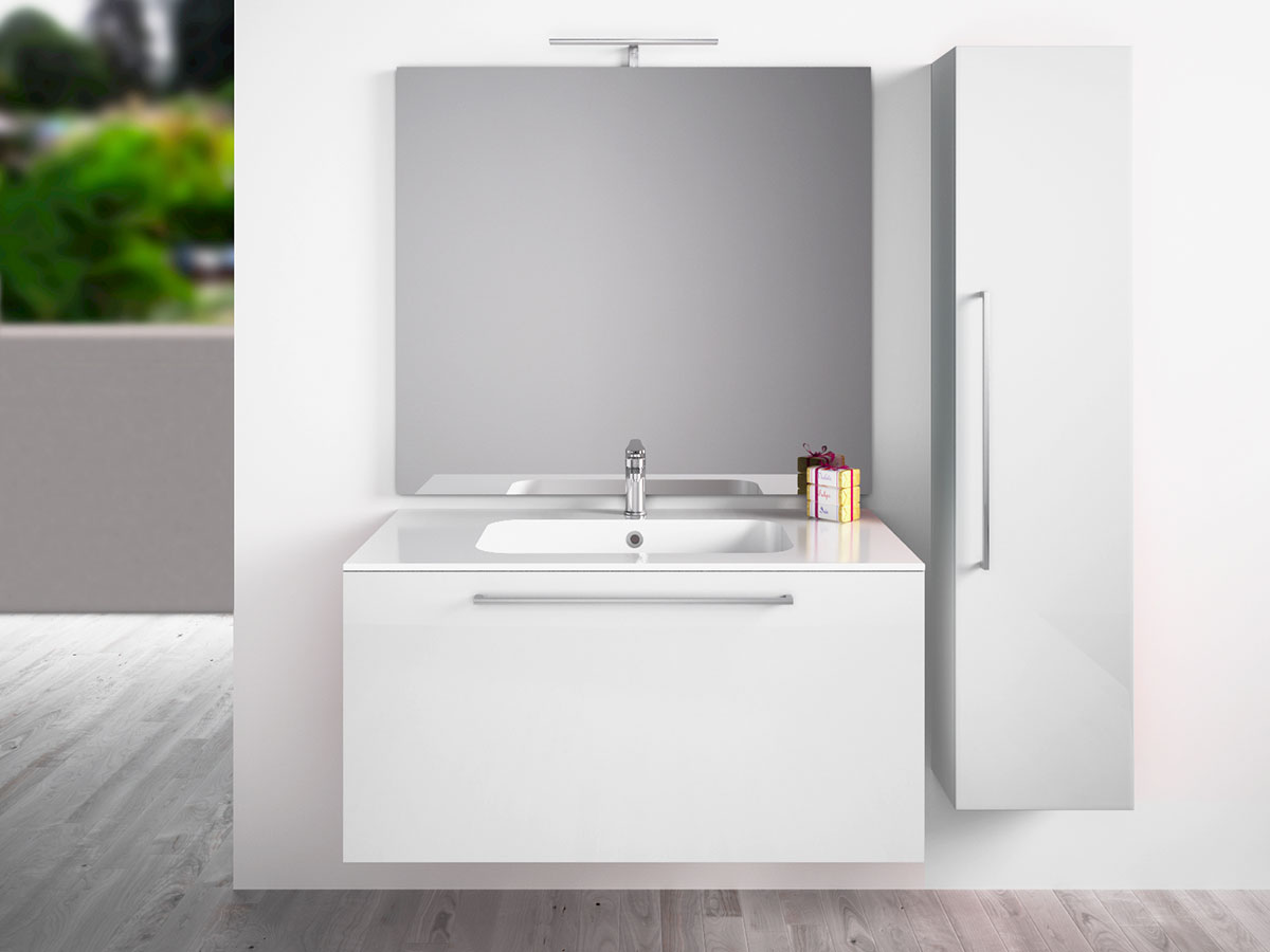 Mobile da bagno sospeso con colonna, Bianco laccato Lucido antigraffio