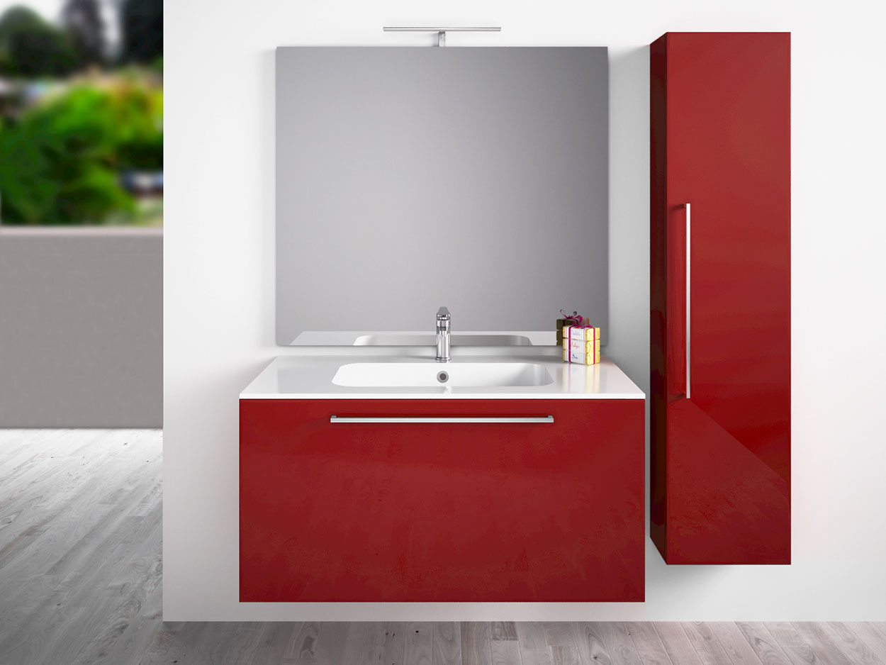 Mobile da bagno sospeso con colonna, Rosso Lucido Antigraffio