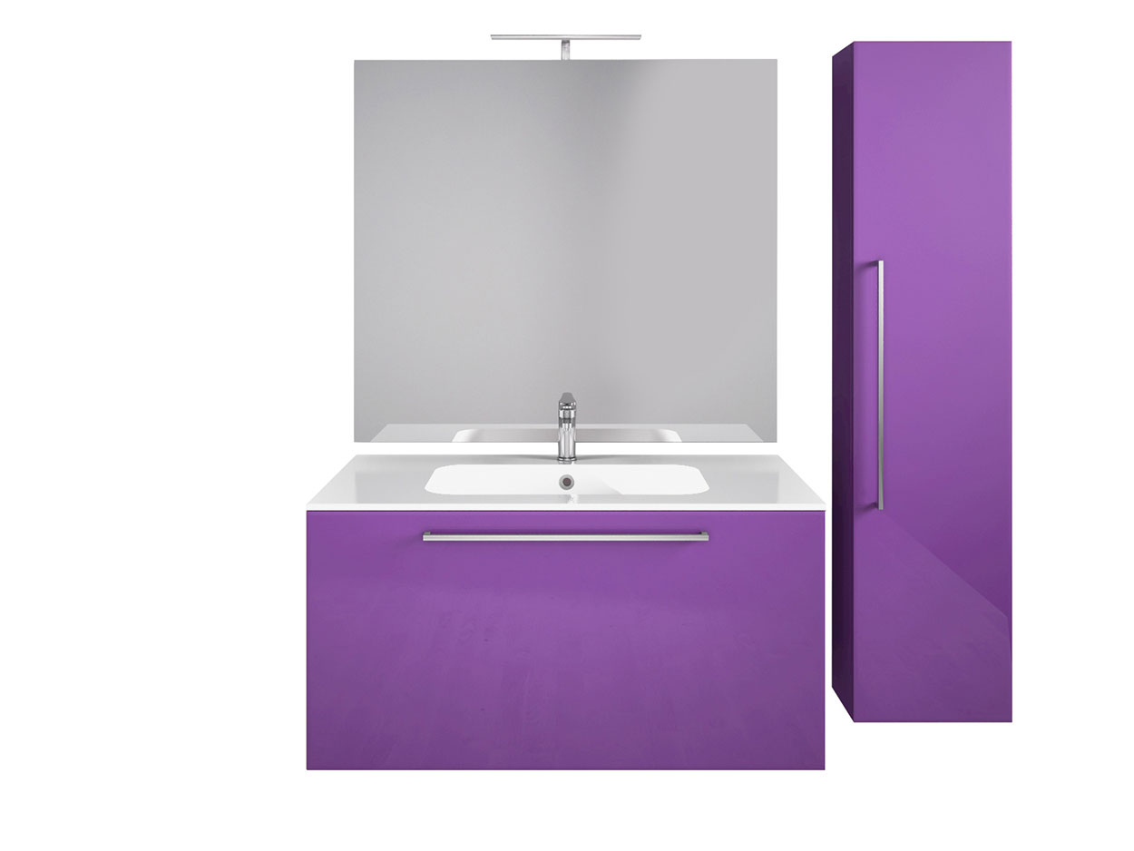 Mobile da bagno sospeso con colonna, Viola Lucido Antigraffio