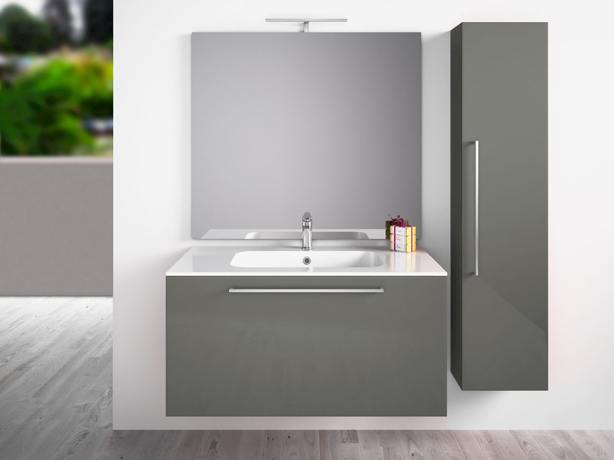 Mobile da bagno sospeso con colonna, Grigio Lucido Antigraffio