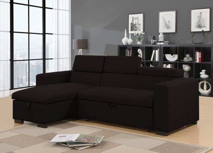 Divano letto trasformabile Primus con penisola contenitore in semipelle nera