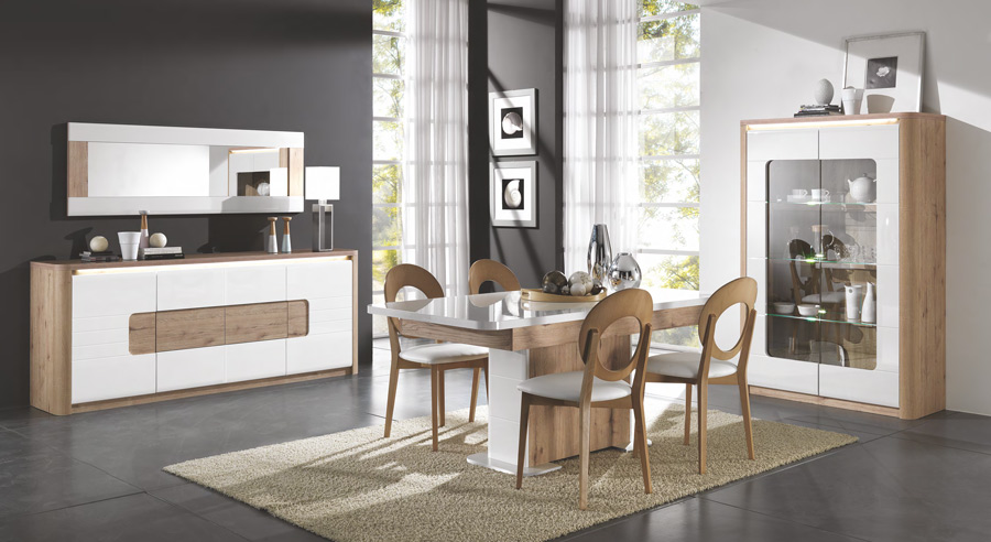 Madia 2 ante e 3 cassetti, bianco laccato e rovere wellington, made in Italy