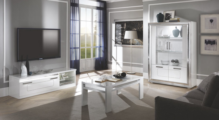 Vetrina 4 ante bianca lucida con cornice argento, Made in Italy