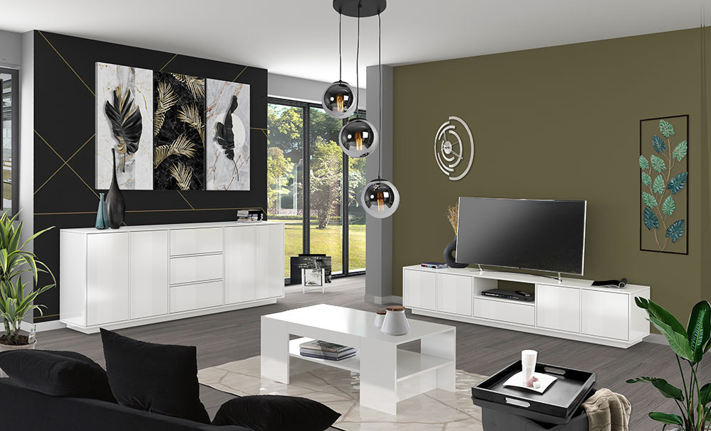 Salotto minimal di design finitura bianco laccato lucido, Made in Italy