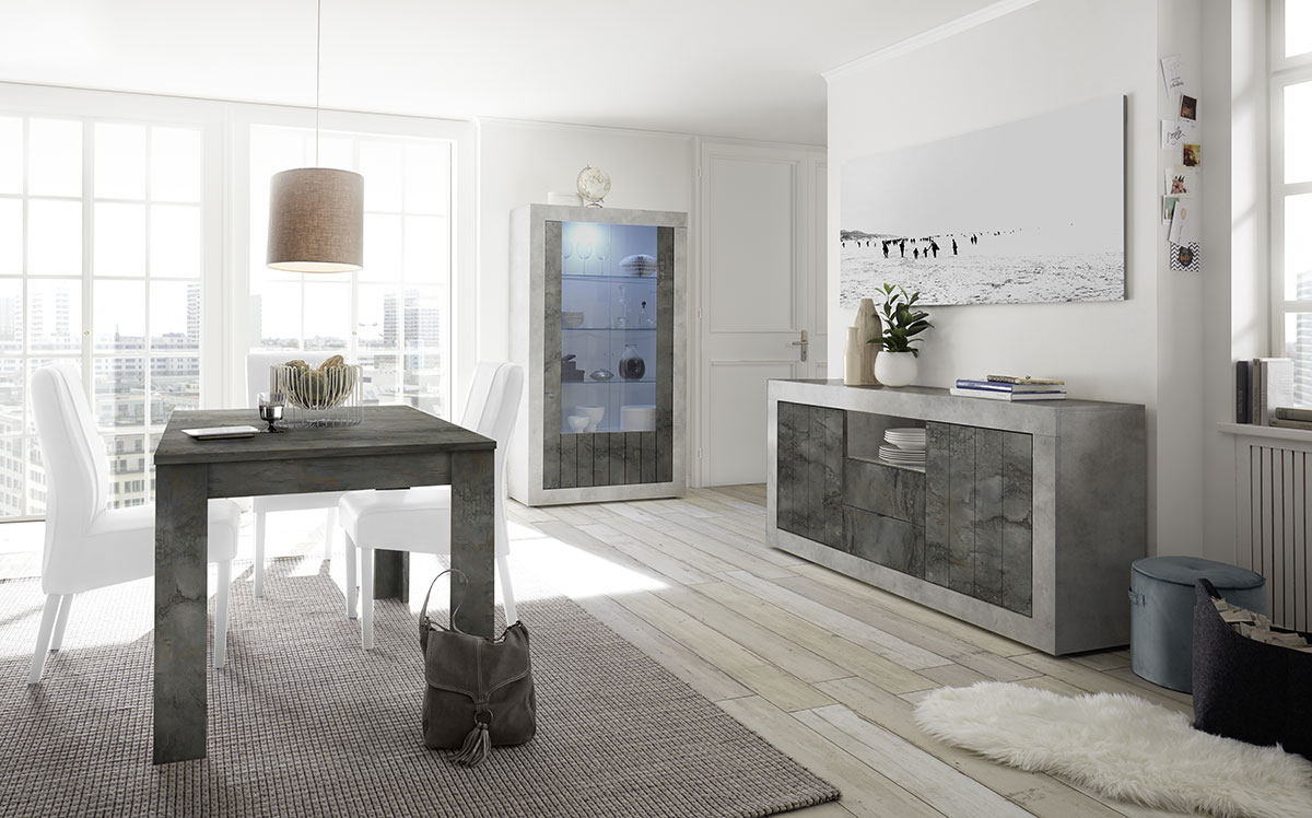 Sala completa di design con Madia, Vetrina e Tavolo, finitura cemento e ossido