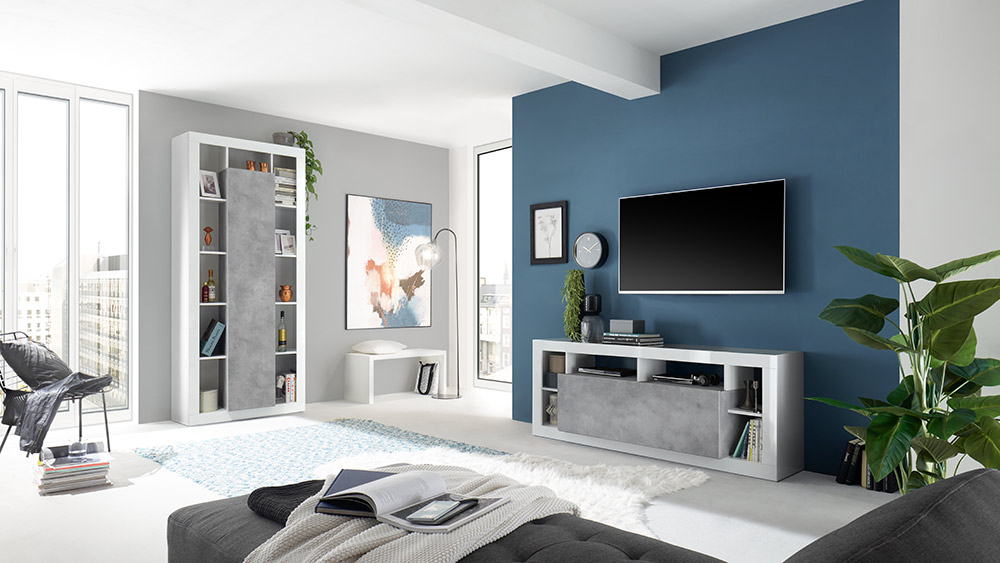 Colonna a 1 anta moderna, Bianco lucido e Cemento, Made in Italy