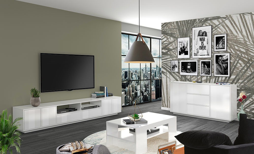 Zona giorno di design formata da madia 2 ante e 3 cassetti e spazioso porta TV 