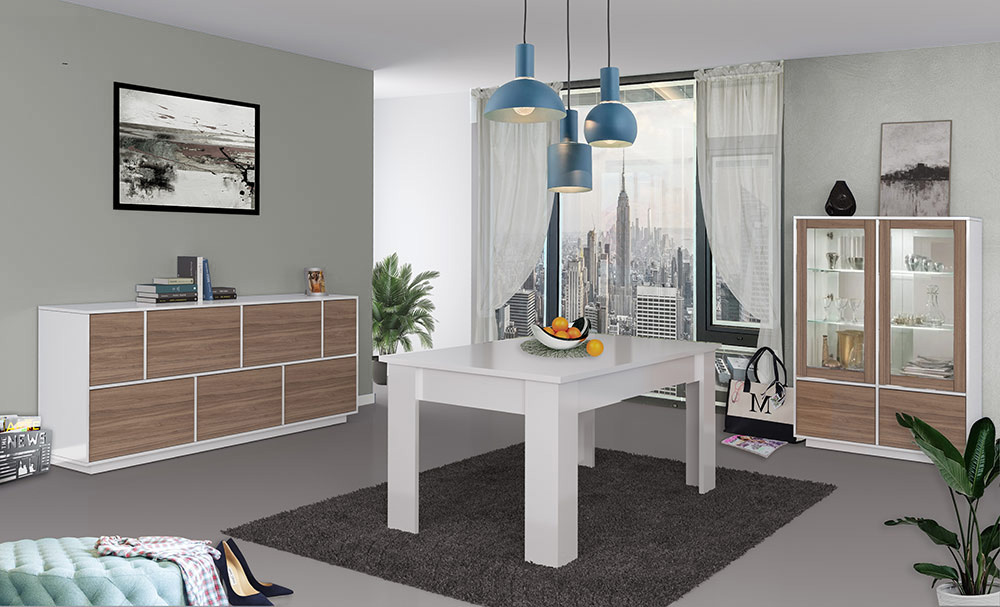 Sala da pranzo formata da vetrina, tavolo e credenza bianco lucido e noce caracalla