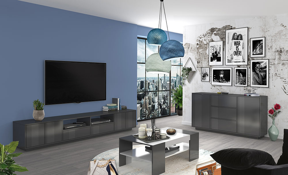 Zona giorno antracite lucido formata da madia 2 ante e 3 cassetti e spazioso porta TV 