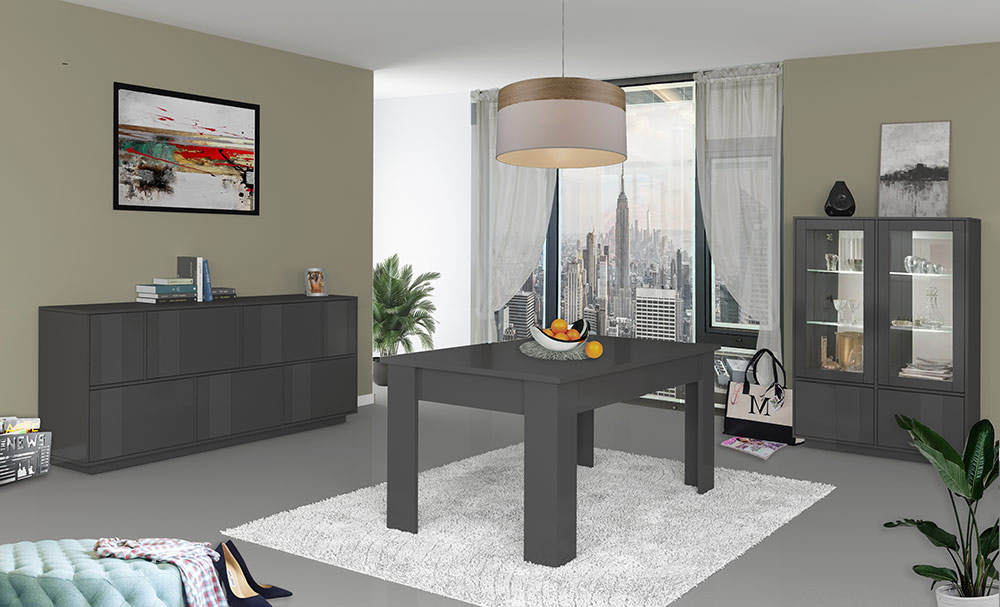 Sala da pranzo formata da vetrina e credenza laccato antracite lucido 