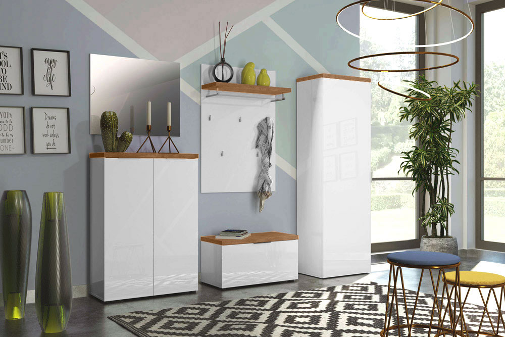 Appendiabiti da ingresso colore Bianco laccato lucido e Castagno, Made in Italy