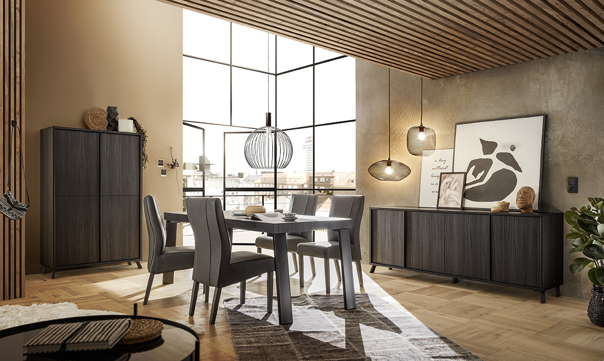 Soggiorno moderno, sala da pranzo moderna, composta da madie e tavolo, nero frassinato