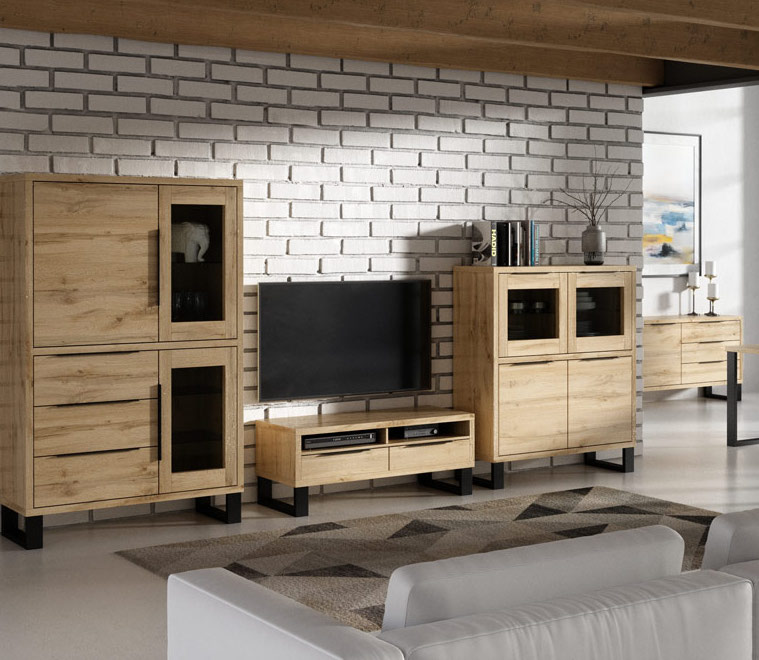 Salotto composto da 2 vetrine, porta TV e madia finitura quercia e metallo nero