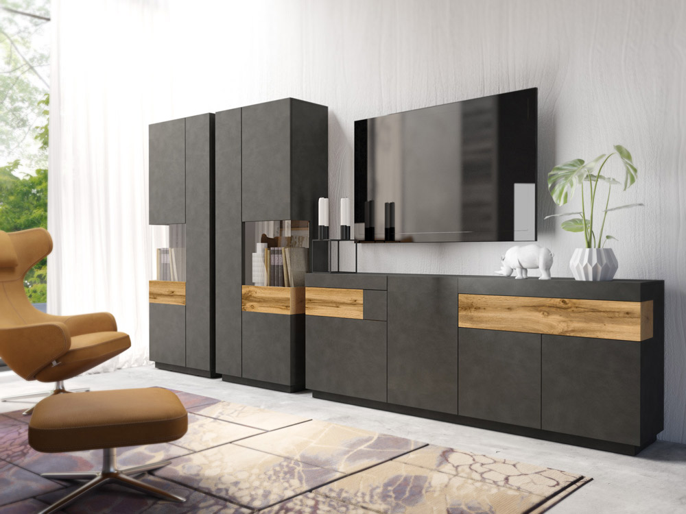 Sala moderna di design composta da Credenza e 2 Vetrine, finitura antracite e rovere naturale