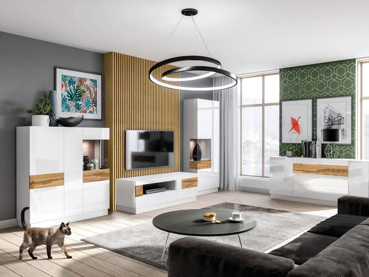 Sala moderna completa, finitura rovere naturale e bianco lucido 