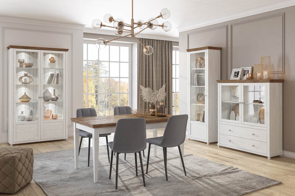 Sala completa composta da 3 vetrine e 1 tavolo allungabile, bianco frassinato e rovere 