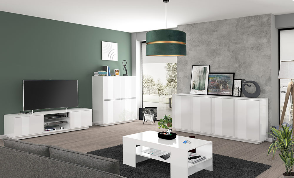 Salotto con madia alta, porta TV e madia 4 ante finitura bianco lucido Zenzero Shop