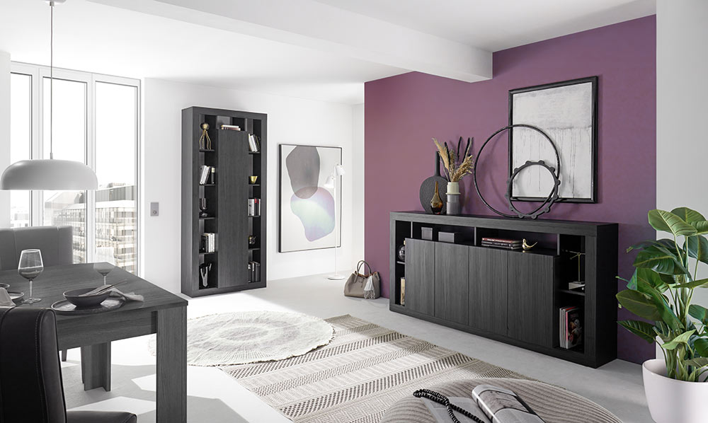 Sala economica Made in Italy composta da colonna libreria, tavolo l.137 allungabile, credenza 4 ante nero frassinato