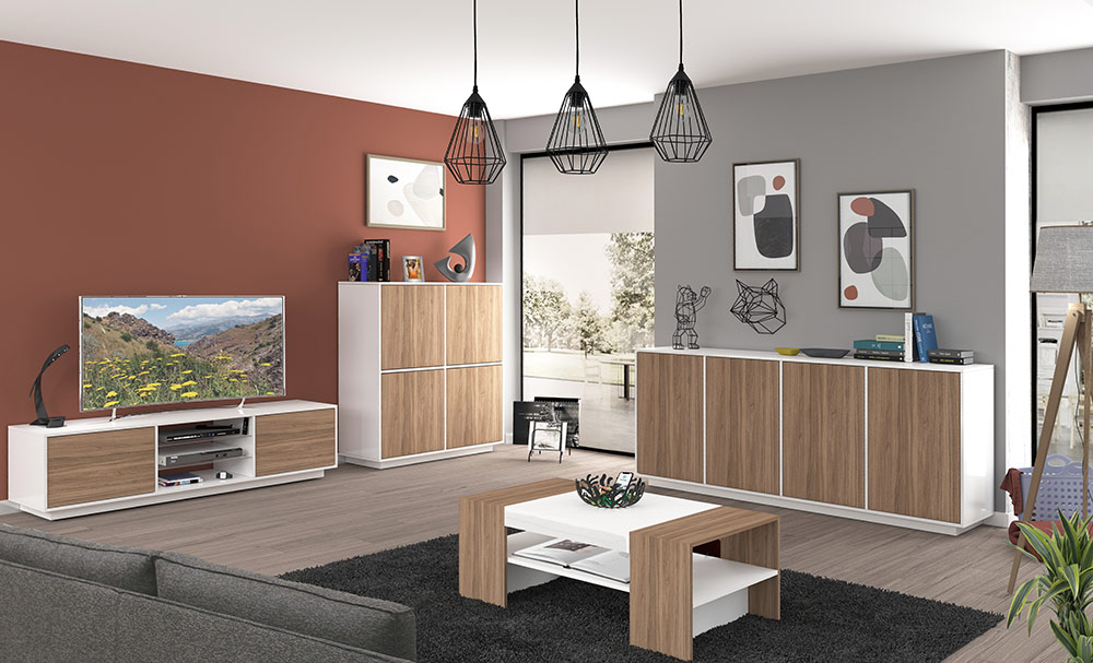 Zona giorno moderna composta da madia alta, porta TV e madia 4 ante 