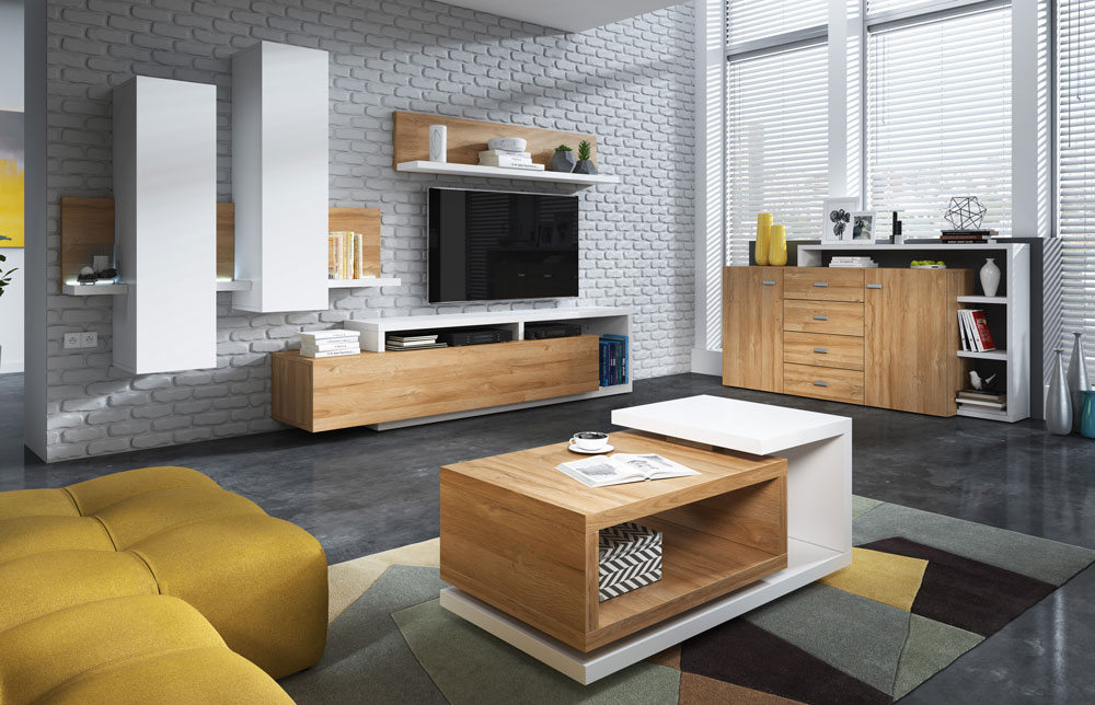 Zona giorno moderna completa, finitura bianco opaco e rovere rustico