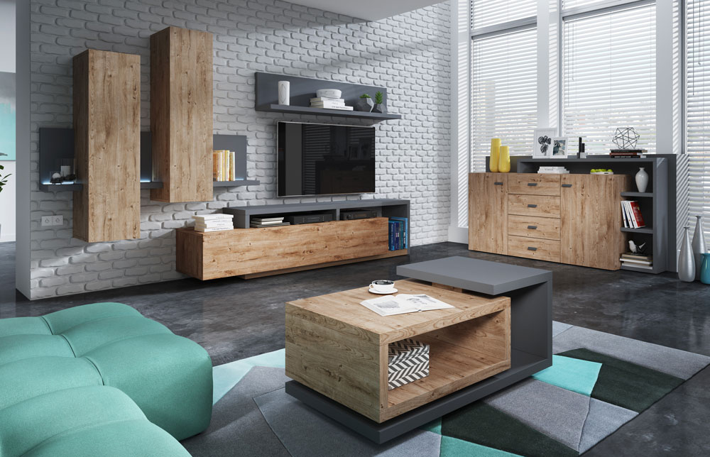 Sala completa moderna, rovere rustico e antracite