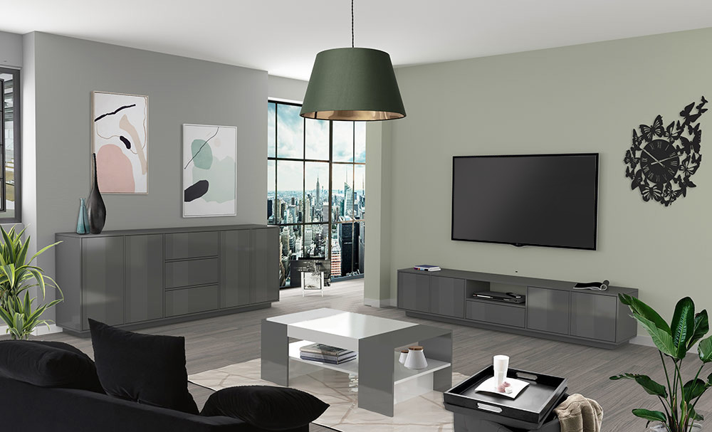 Sala di design finitura laccato antracite lucido, Made in Italy