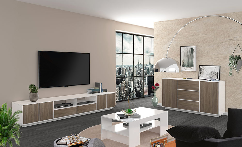 Salotto con madia e porta TV finitura bianco lucido e noce caracalla 