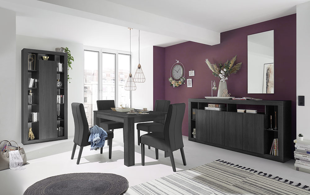 Sala economica Made in Italy composta da colonna libreria, tavolo l.137 allungabile, credenza 4 ante nero frassinato