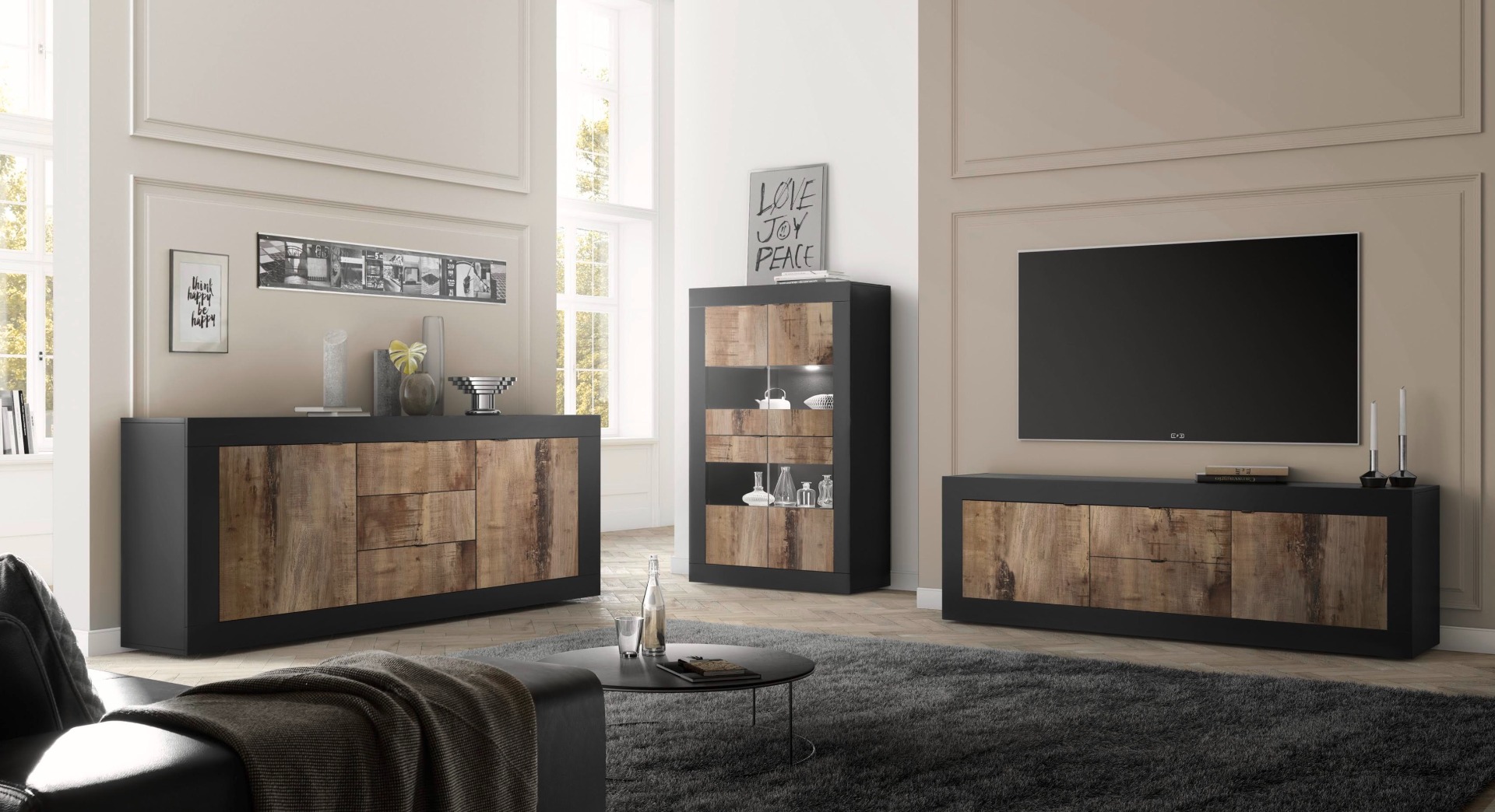 Mobile porta tv design moderno, 2 ante e 2 cassetti, Nero e Pero