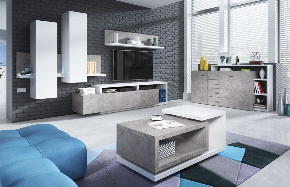 Tavolino basso da salotto, finitura bianco opaco e cemento