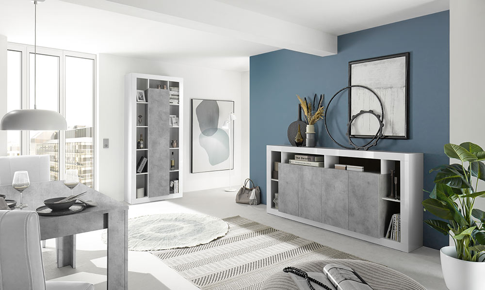 Colonna a 1 anta moderna, Bianco lucido e Cemento, Made in Italy