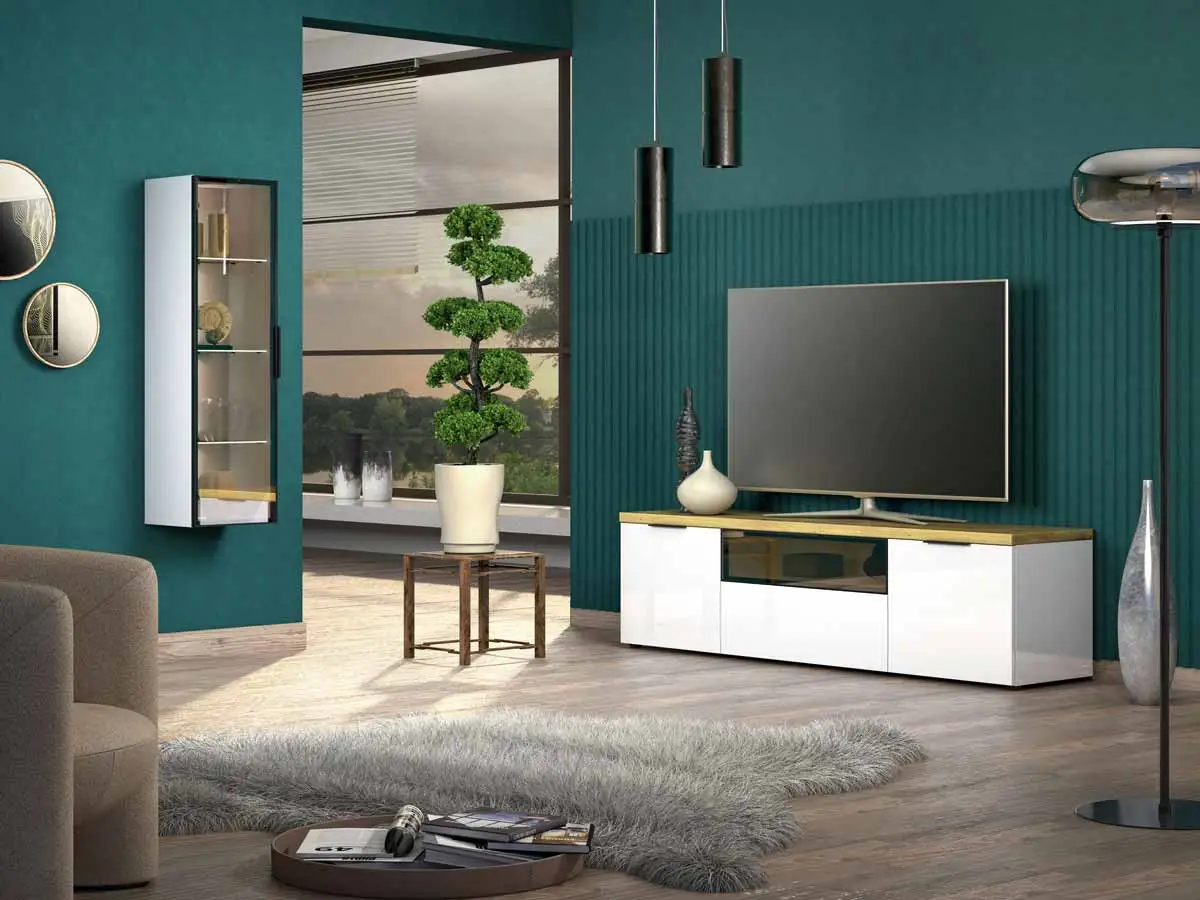 Porta TV colore Bianco lucido e Rovere chiaro