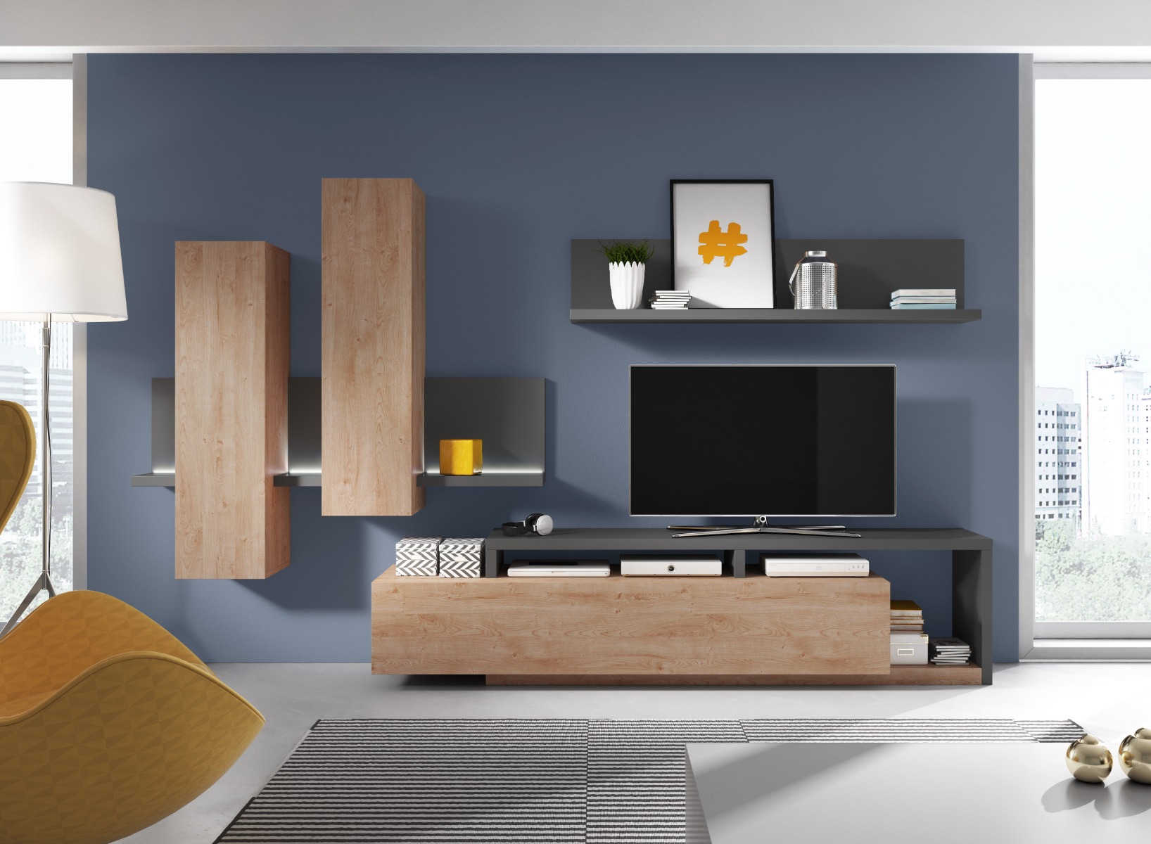 Mobile porta TV living, antracite e rovere rustico