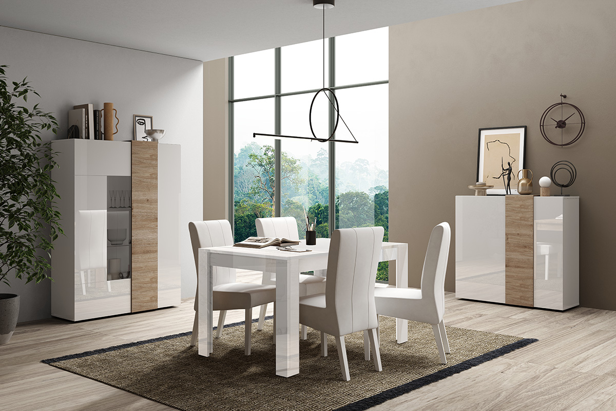 Soggiorno composta da 1 madia,1 vetrina e 1 tavolo, Kadiz e Bianco lucido