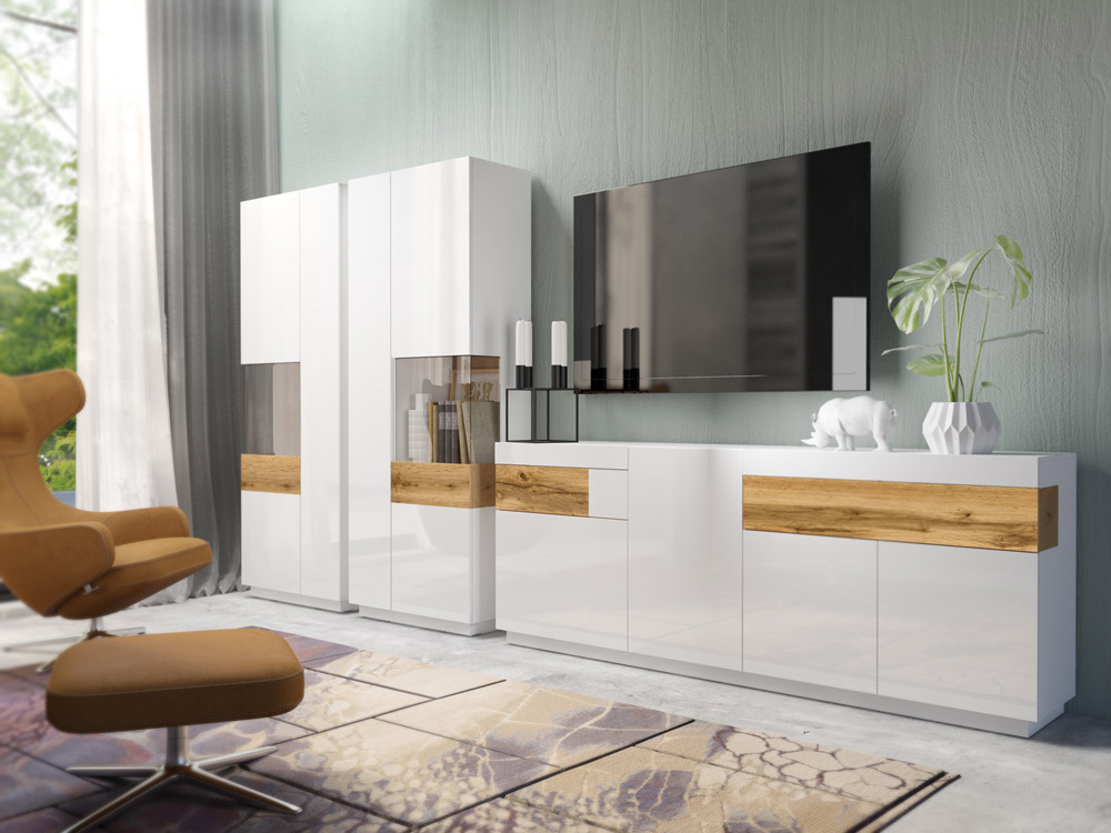 Madia e 2 vetrine moderne bianco lucido e rovere naturale