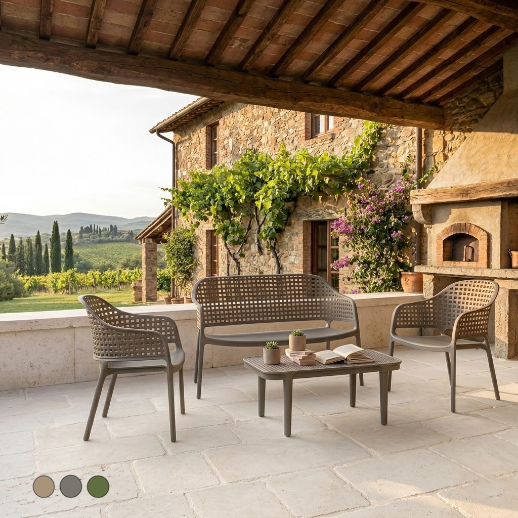Salottino esterno con poltrone, divanetto e tavolino, disponibile in 3 colori