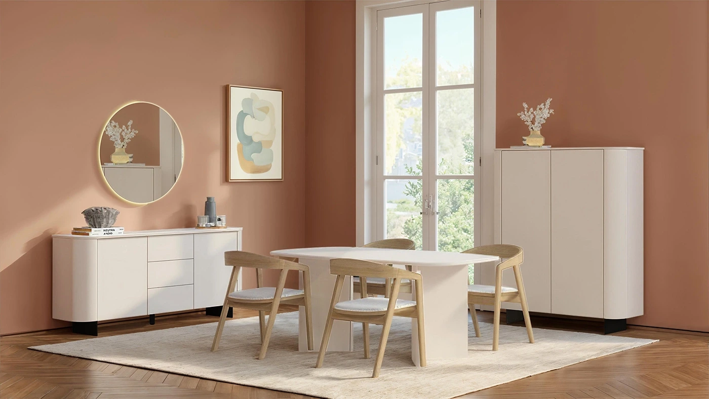 Madia alta a 2 ante, L.130 H.154 P.43, in finitura Cashmere e piedini Lava