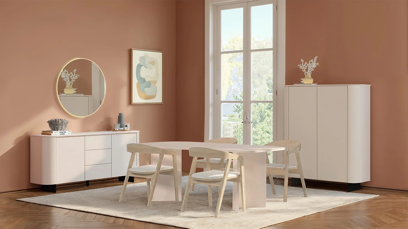 Madia alta a 2 ante, L.130 H.154 P.43, in finitura Cashmere e piedini Lava