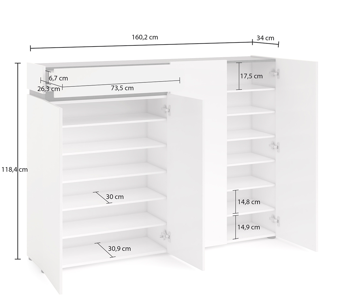 Promozione scarpiera 4 ante e 1 cassetto, Bianco laccato lucido