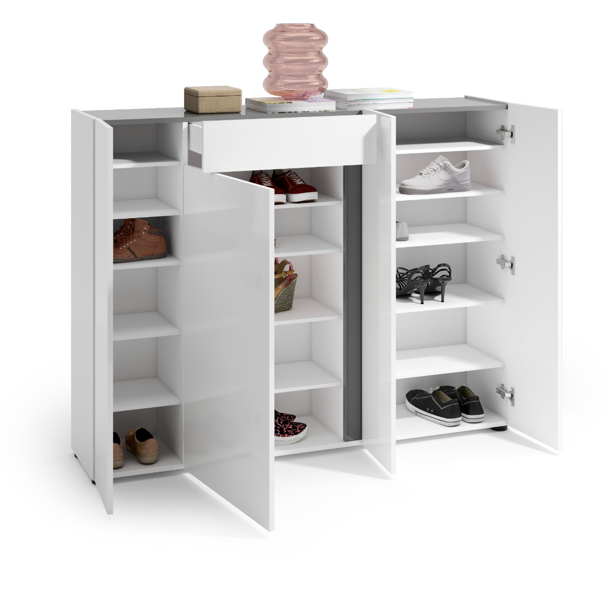 Scarpiera moderna bianca lucida, 4 ante 1 cassetto, prof. 34 cm.