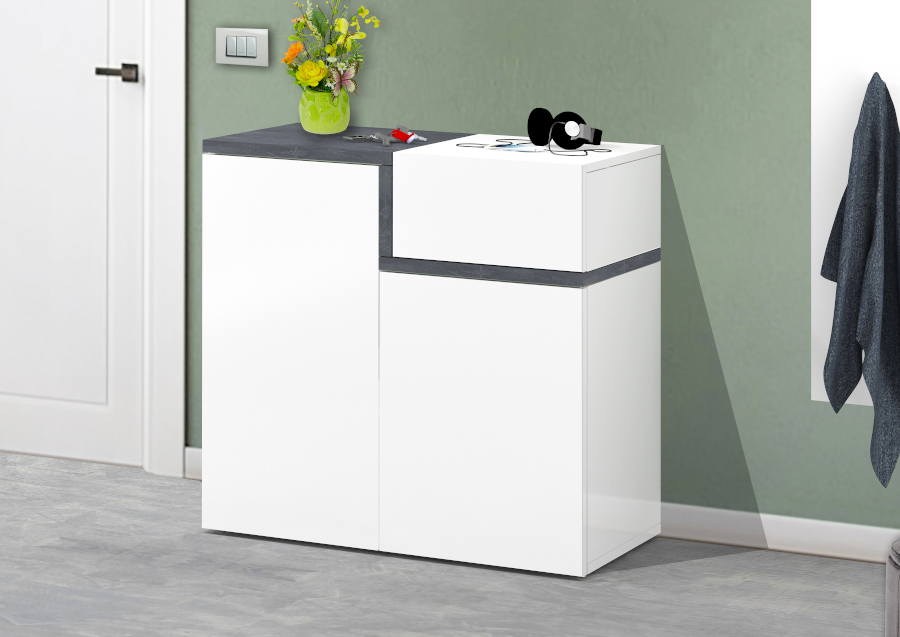 Scarpiera 2 ante, 1 anta ribalta bianco lucido ardesia, made in Italy